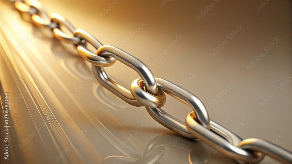 Fototapeta premium Reflective Metal Chain Links Interlocked, Showing Strength and Unity, Illuminated by Warm Light