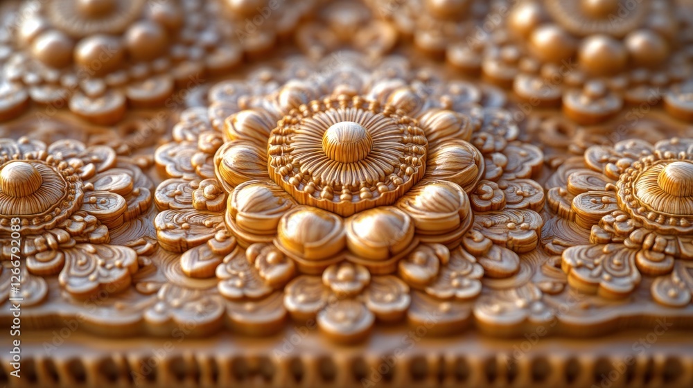 Fototapeta premium Ornate wood carvings, detailed floral patterns, golden texture.