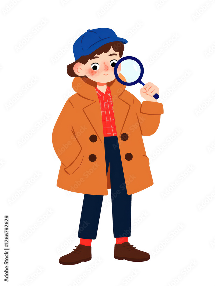 Isolated Orange-Coated Cartoon Detective with Magnifying Glass Isolated Orange-Coated Cartoon Detective with Magnifying Glass