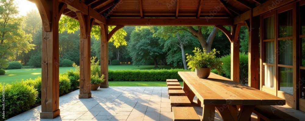 Rustic wooden gazebo, long table, potted plant on patio, relax, summer Rustic wooden gazebo, long table, potted plant on patio, relax, summer
