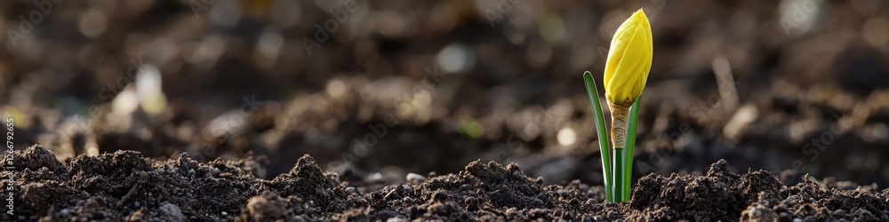 A small yellow flower growing out of the ground, symbolizing new life and hope A small yellow flower growing out of the ground, symbolizing new life and hope