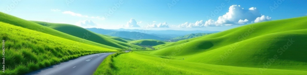 Serpentine road through rolling green hills, blue sky , meadow, vibrant Serpentine road through rolling green hills, blue sky , meadow, vibrant