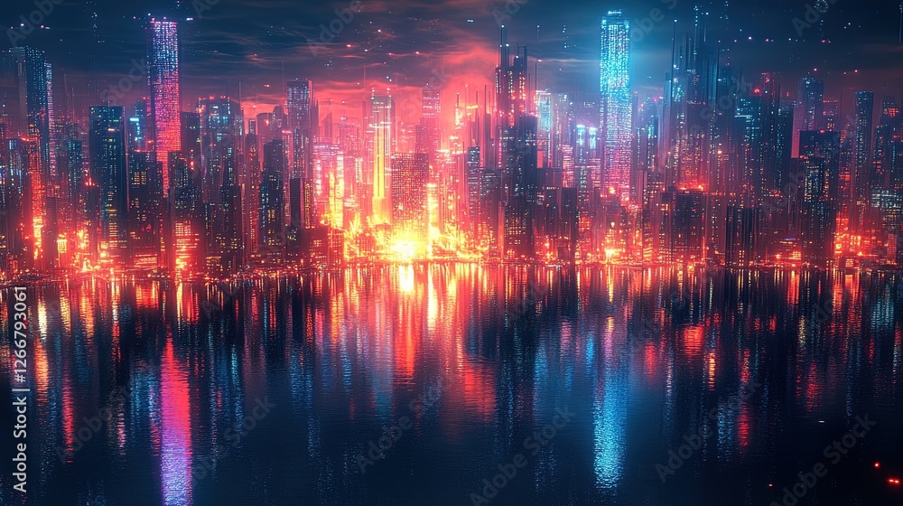 Naklejka premium A vibrant aerial view of a shipping port with glowing lights reflecting on the water, intense and modern 