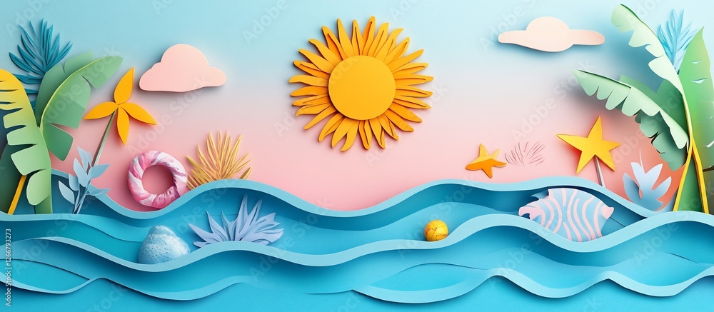 Colorful paper cut-out scene depicting a sunny beach with waves, palm trees, and sea elements Colorful paper cut-out scene depicting a sunny beach with waves, palm trees, and sea elements
