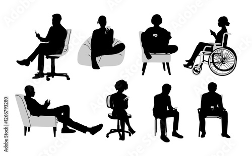 Silhouettes of people sitting with phone. Men, women, disabled person in wheelchair, armchair holding smartphones, texting, talking. Male, female black Vector illustrations isolated.