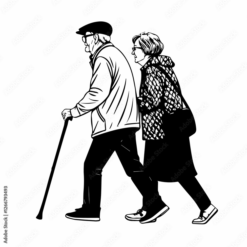 An old couple is walking with a cane Image An old couple is walking with a cane Image