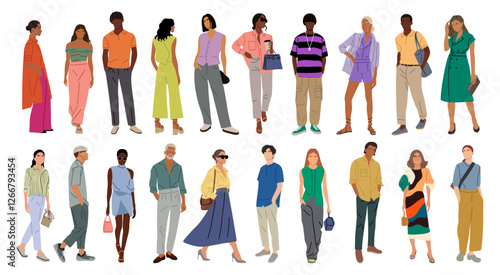Set of stylish young men and women wearing summer street fashion outfit. Different business people in smart casual office clothes. Vector realistic illustrations isolated on transparent background.