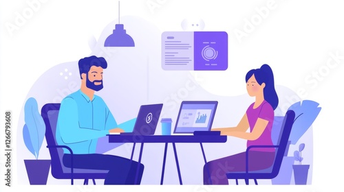 Innovative information technology specialists collaborating on software development strategy to enhance business services, featuring laptop work, digital data analysis, and futuristic tech hologram ic