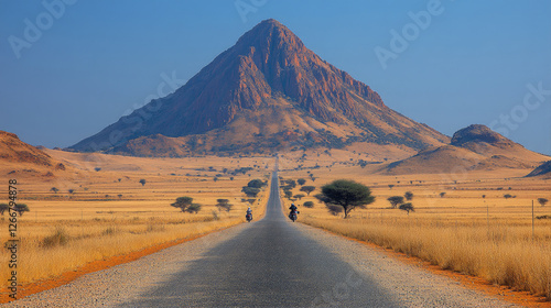 A scenic desert road leads toward a towering mountain, framed by golden fields and a clear blue sky