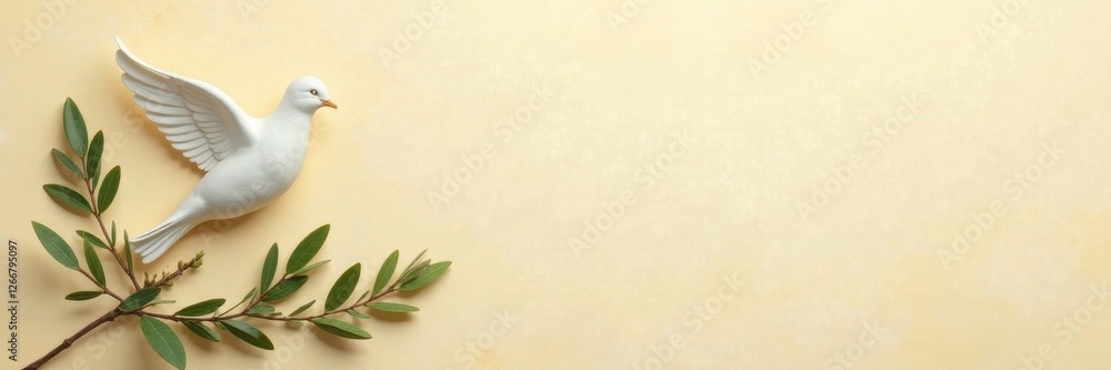 Obraz premium Subtle cross, dove, olive branches on beige Peaceful religious background , holy, art, texture