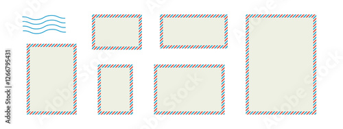 Set of postal envelopes of different sizes. Vector illustration of a letter. Templates for airmail postcards. Vintage frames in beige, red and blue