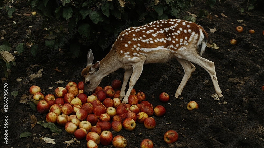 Obraz premium Orchard deer eating fallen apples, autumn