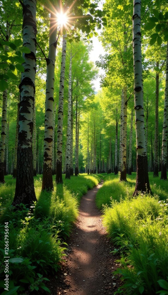 Fototapeta premium Sun-dappled Aspen grove trail, Vail mountain summer hike, gold, Aspen, ridge