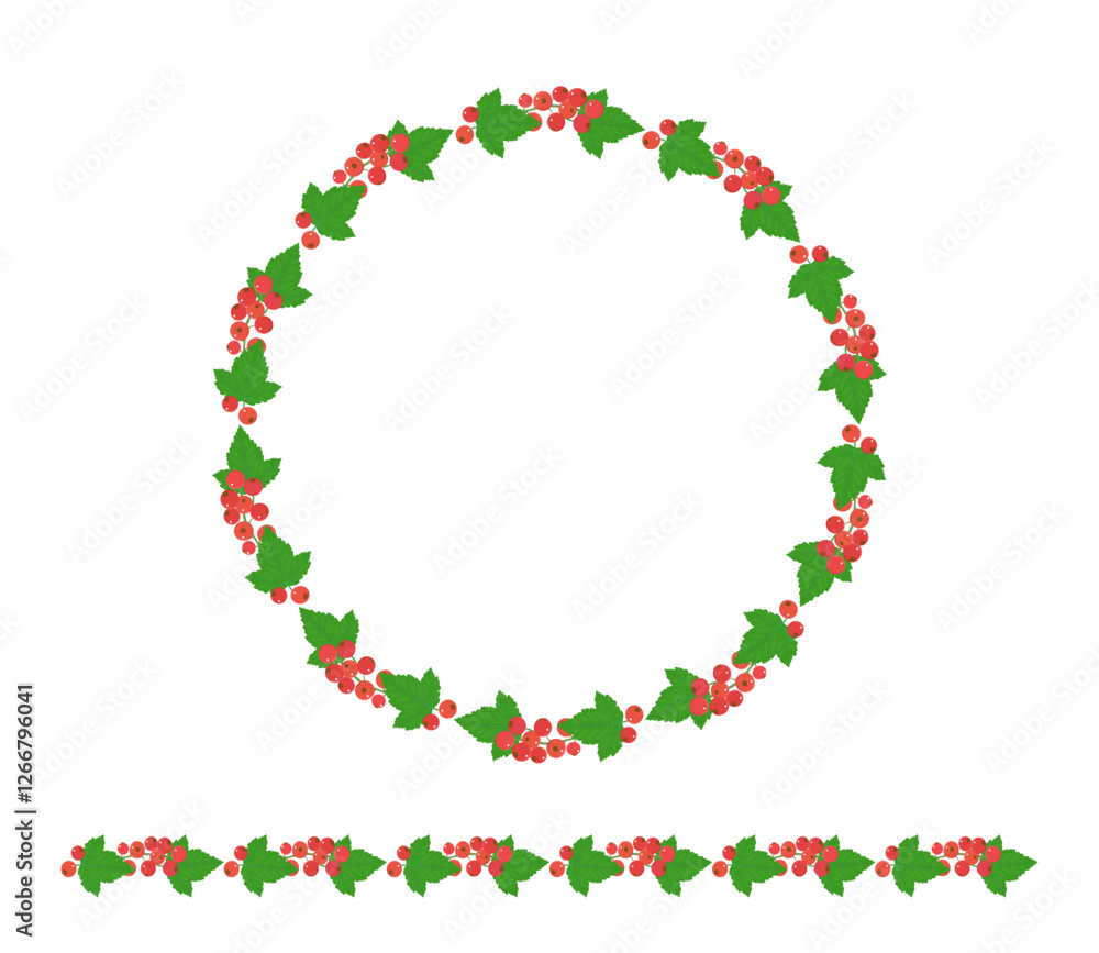 Red currant round frame and border isolated on a white background. Red berries and green leaves in the flat style. The center of the frame is free for your inscription. Templates for decor. Red currant round frame and border isolated on a white background. Red berries and green leaves in the flat style. The center of the frame is free for your inscription. Templates for decor.