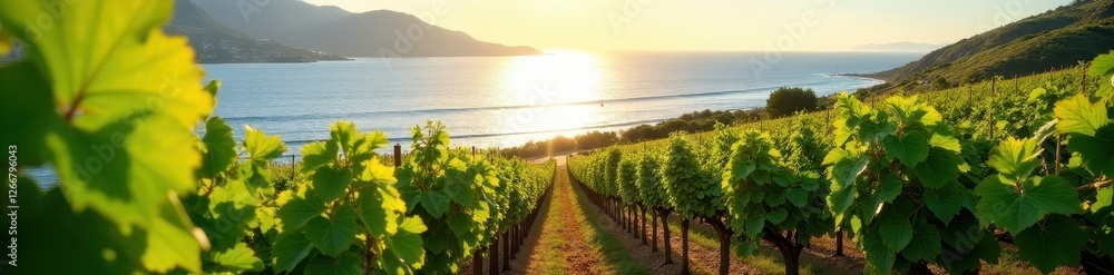 Fototapeta premium Sunlight bathes lush vineyard overlooking calm ocean, landscape, wine, vineyard landscape