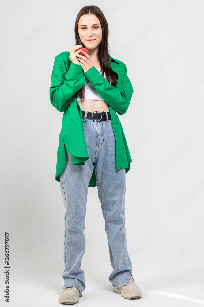 Cute young girl in green shirt and jeans holding an apple and posing on white background Cute young girl in green shirt and jeans holding an apple and posing on white background