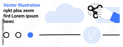 Hand spinning a fidget spinner above a cloud icon, accompanied by text nykt plox zevm fird Lorem ipsum bewc, three circles, two lines, and a check mark. Ideal for tech, creativity, stress relief