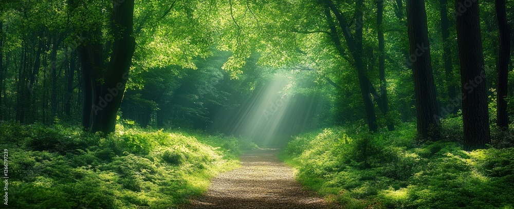 Obraz premium Majestic Natural Archway Through Green Forest Pathway with Sunlight Beams