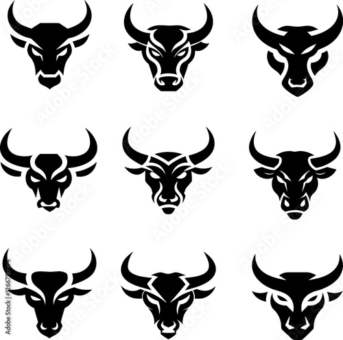 A collection of sleek and modern bull face icons with clean lines and bold features. Perfect for branding, logos, and digital designs.