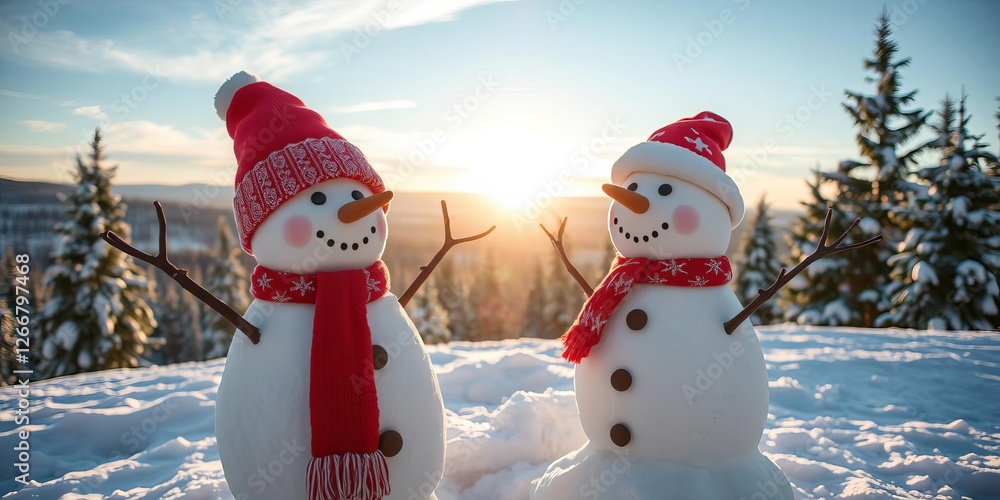 Fototapeta premium Happy snowman surrounded by a winter wonderland with snowy trees, clear blue skies, and a shining sun, perfect for holiday and winter themed designs, happy, winter, cheerful