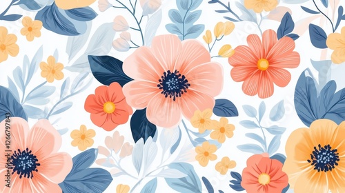Wallpaper Mural A colorful floral pattern with blue, yellow, and orange flowers Torontodigital.ca