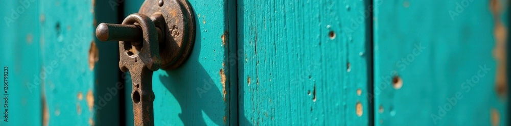 Tarnished skeleton key hangs from painted teal wood door, detail, home, rusty Tarnished skeleton key hangs from painted teal wood door, detail, home, rusty