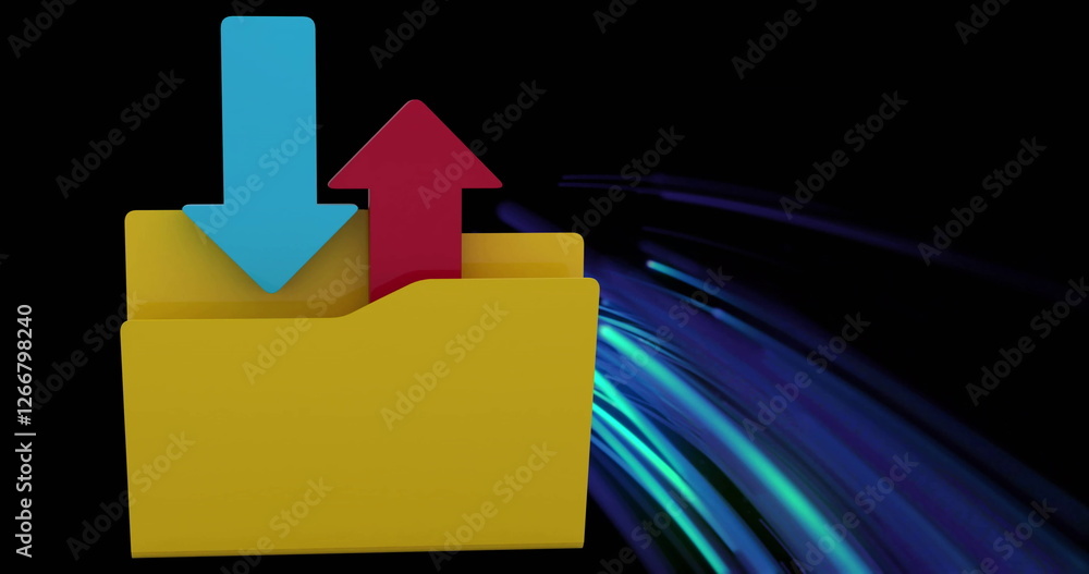 Image of in and out folder and digital data processing over light trails on dark background Image of in and out folder and digital data processing over light trails on dark background