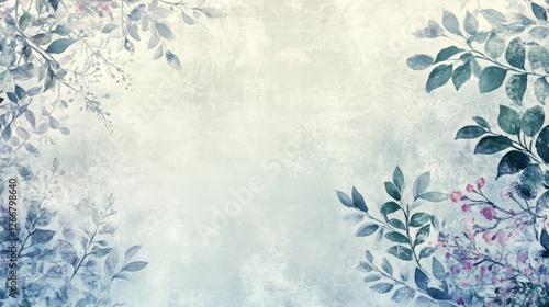 58.An abstract winter background with layered watercolor textures in frosty hues, embellished with intricate hand-drawn floral patterns and delicate botanical leaves. photo