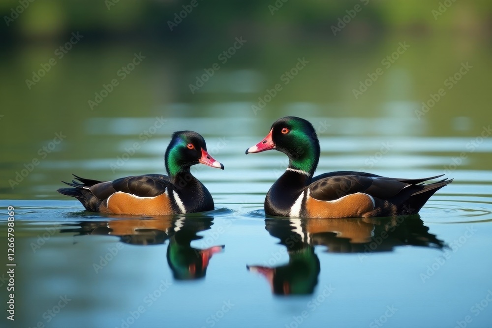 Obraz premium Two spot-billed ducks swim calmly on a serene lake , ducks swimming, water birds, nature photography