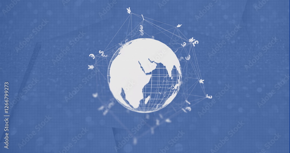 Fototapeta premium Image of globe with currency icons and data processing over blue background