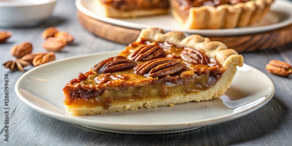 A delectable slice of pecan pie, showcasing a rich caramel filling and crunchy pecans, rests on a plate, accompanied by scattered nuts and a hint of spice A delectable slice of pecan pie, showcasing a rich caramel filling and crunchy pecans, rests on a plate, accompanied by scattered nuts and a hint of spice
