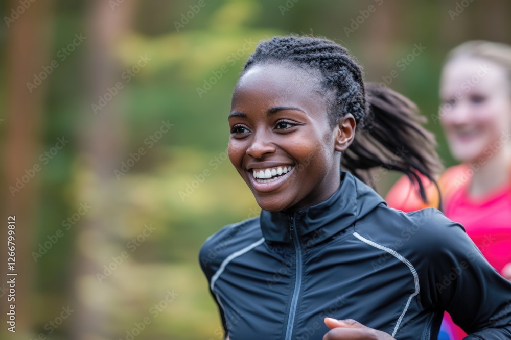 Two women running in a dense forest, possibly escaping or chasing each other Two women running in a dense forest, possibly escaping or chasing each other