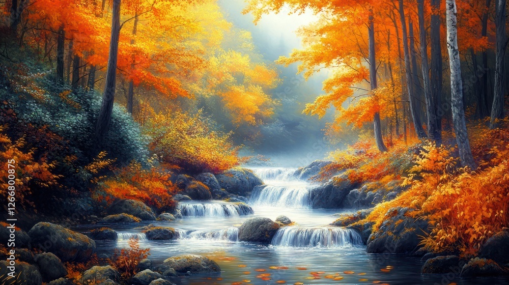 Autumn waterfall in misty forest; serene nature scene for calendar or phone wallpaper Autumn waterfall in misty forest; serene nature scene for calendar or phone wallpaper