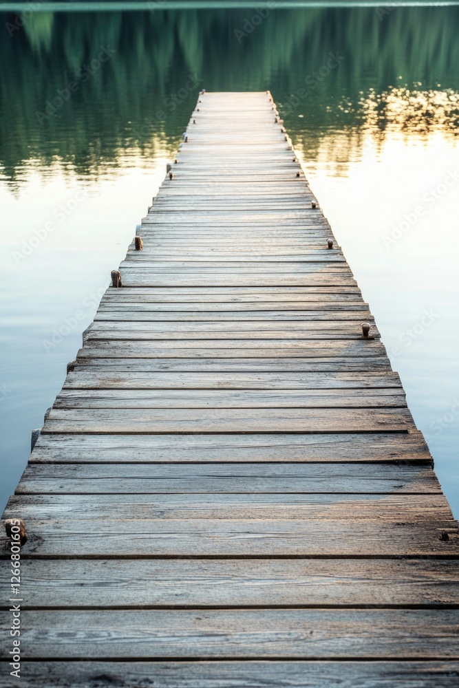 A wooden dock stretching out into the water, perfect for a serene atmosphere A wooden dock stretching out into the water, perfect for a serene atmosphere
