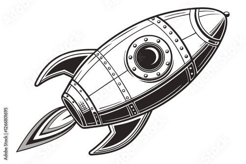  Metallic rocket-shaped spacecraft, sleek futuristic design, retro sci-fi aesthetic, silver chrome finish, detailed rivets and panels, streamlined aerodynamic form, fins and propulsion nozzle, indus