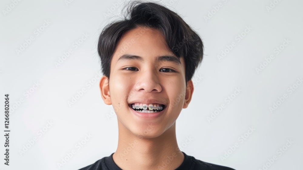 Smiling teenager with braces against a plain background, showcasing confidence and joy in a casual setting Smiling teenager with braces against a plain background, showcasing confidence and joy in a casual setting