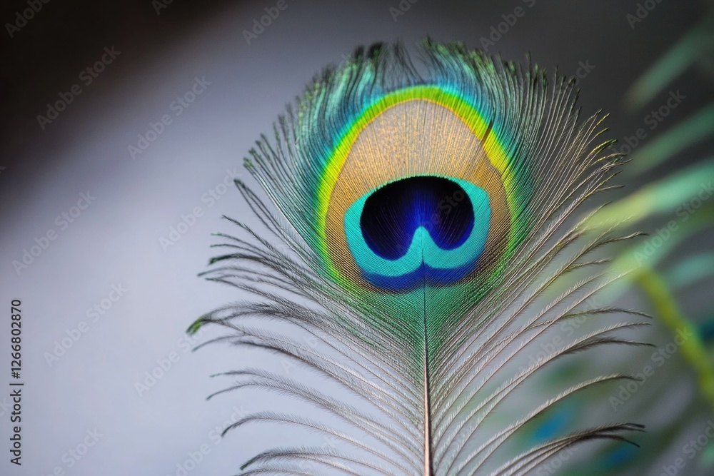 Fototapeta premium A close-up view of a vibrant peacock feather resting on a leafy plant
