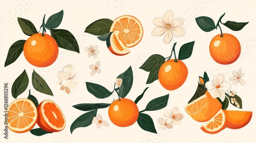 Wallpaper Mural 51.A playful and artistic vector set of abstract orange-themed illustrations, including whole fruits, half slices, leaves, and flowers, drawn with fine lines and vibrant colors. Torontodigital.ca