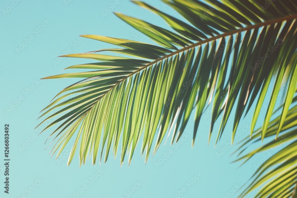 A detailed view of a palm leaf against a bright blue sky, ideal for nature-inspired designs and projects A detailed view of a palm leaf against a bright blue sky, ideal for nature-inspired designs and projects