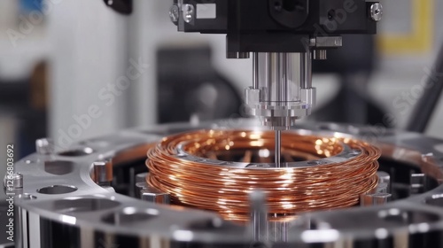 Coil winding machine. Close-up of copper wire wound by an automatic coil winding machine in a factory.