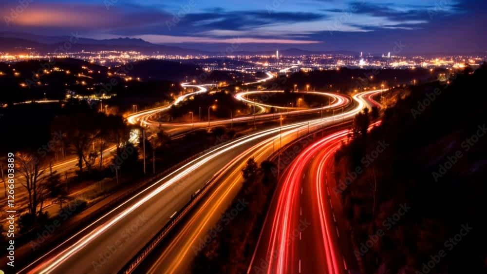 Long exposure of highway at night with streaks of red and white lights. Long exposure of highway at night with streaks of red and white lights.