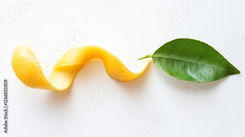 Wallpaper Mural 30.A single piece of fresh lemon peel, twisted artistically with a green leaf resting beside it, isolated on a bright white background for a crisp, modern aesthetic. Torontodigital.ca