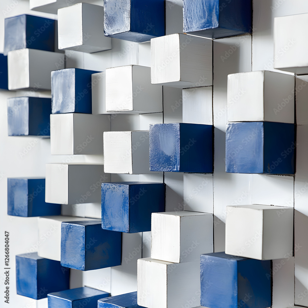 Cubes arranged in a wall formation with blue and white colors, creating a modern design Cubes arranged in a wall formation with blue and white colors, creating a modern design