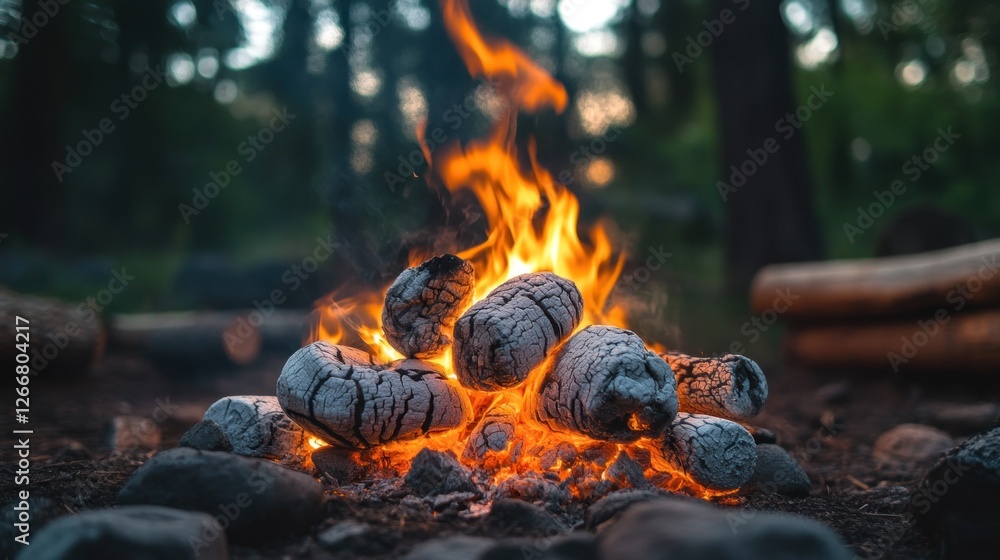 Campfire in the Forest: Embers Glow in the Dusk Campfire in the Forest: Embers Glow in the Dusk
