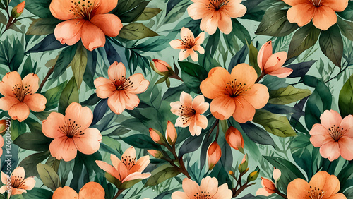 A botanical illustration featuring a repeating pattern of blooming flowers and greenery.