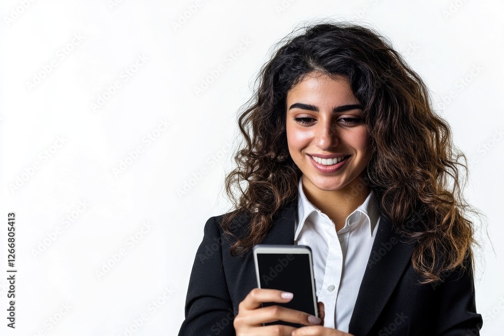 A woman in a professional attire holds her cell phone, ready for communication A woman in a professional attire holds her cell phone, ready for communication