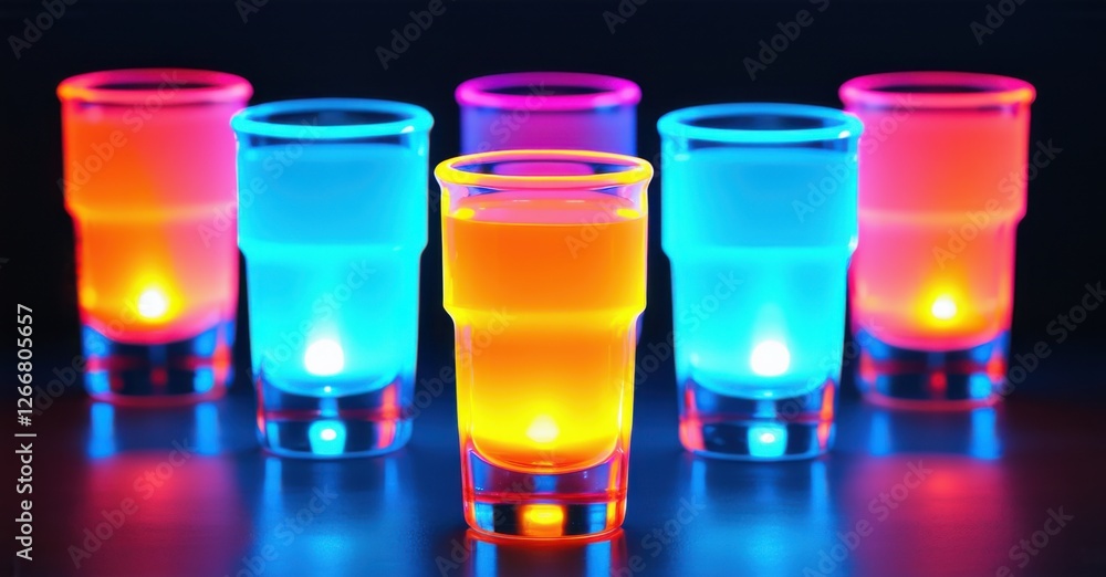 Five glowing shot glasses filled with vibrant neon liquids in blue, orange, and red hues, reflecting on a dark surface, creating a futuristic and energetic nightlife vibe Five glowing shot glasses filled with vibrant neon liquids in blue, orange, and red hues, reflecting on a dark surface, creating a futuristic and energetic nightlife vibe