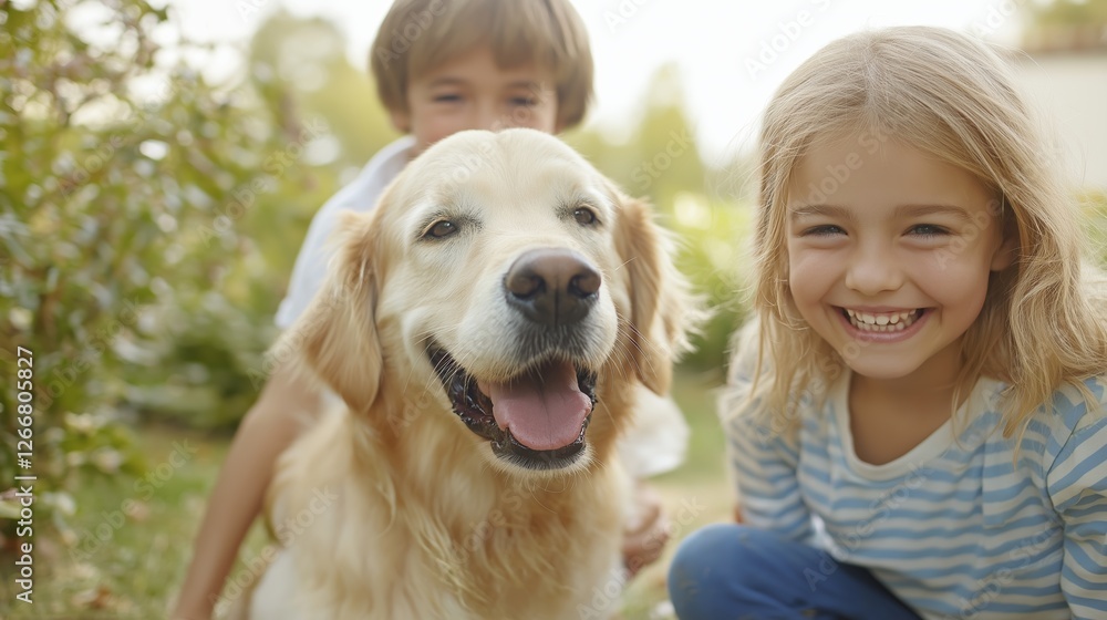 Golden retriever enjoys playful moments with children in a sunny backyard garden during late afternoon Golden retriever enjoys playful moments with children in a sunny backyard garden during late afternoon