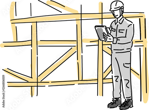 DXイメージ/建築現場でタブレット操作する作業服の男性