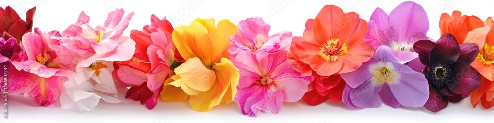 A row of colorful flowers on a white background A row of colorful flowers on a white background